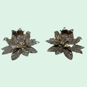 Pair Vintage Silver Lotus Flower Candle Holders Mid Century Modern